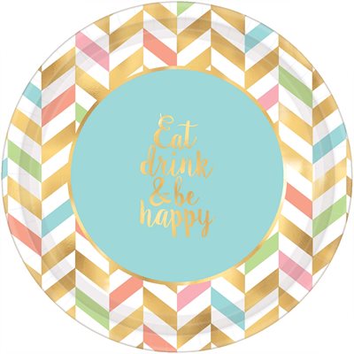 8 assiettes 10.5po eat, drink & be happy fête pastel